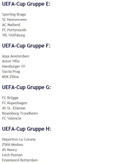 Auslosung UEFA-Cup-Gruppen E-H 2008